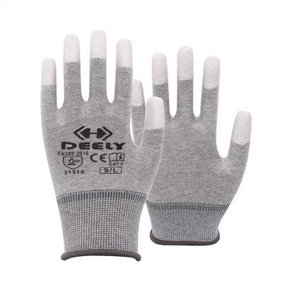 Guantes recubiertos con puntas de los dedos de PU blanco de fibra de carbono de nailon